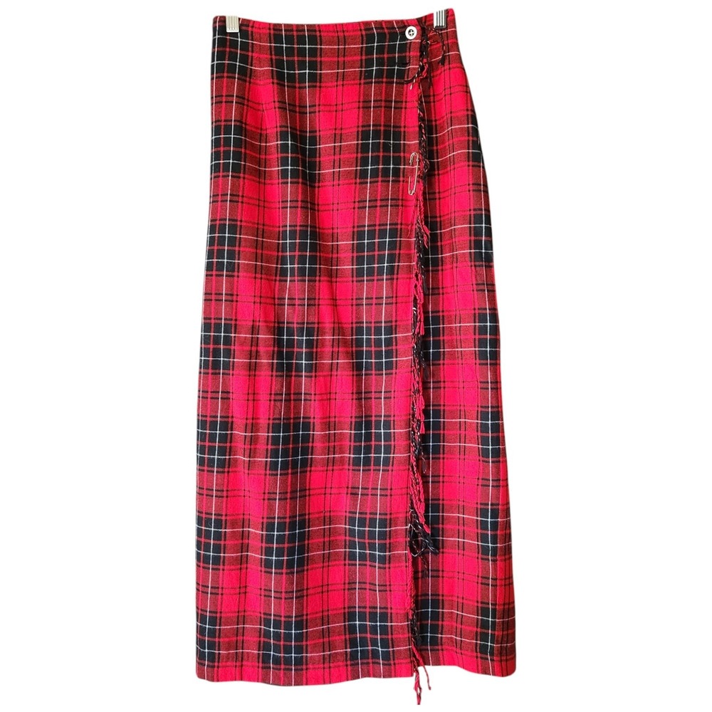VTG Cambridge Dry Goods Skirt Womens 4 Red Black Plaid Midi Fringe Grunge 90s